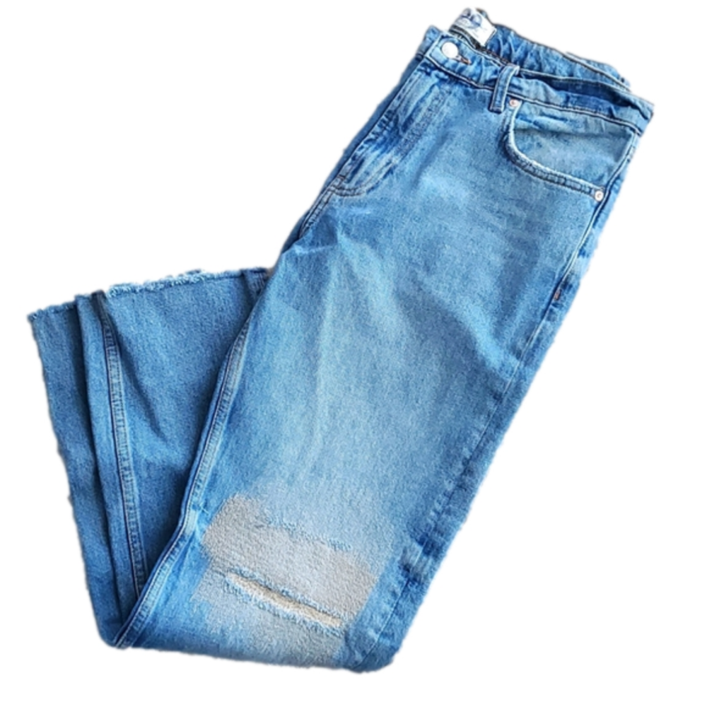 We The Free Embellished Distressed High Rise Straight Leg Blue Jeans Size 29